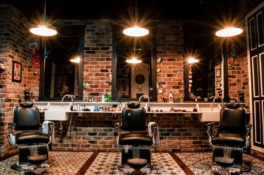 Barbershop with vintage chairs and brick walls